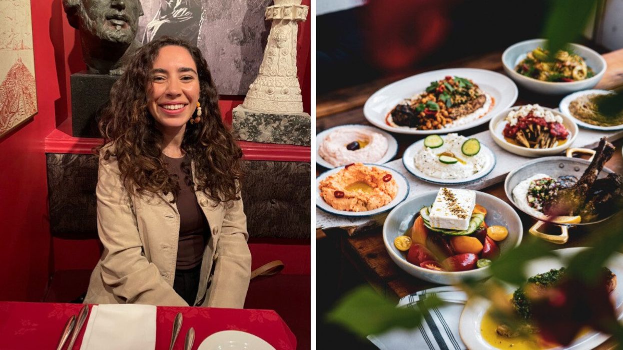 A person dining at Joso's in Toronto. Right: A table spread from Mamakas Taverna with a bunch of dips, appetizers and dishes.