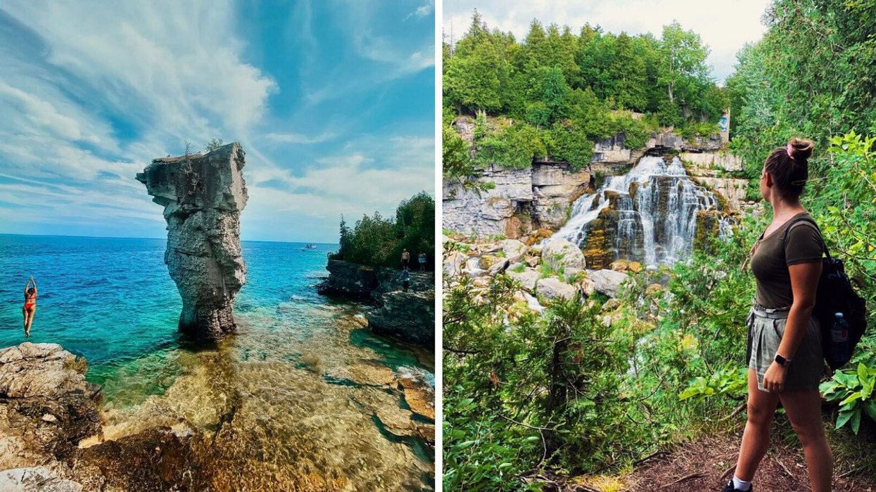 A person diving into blue waters. Right: A person standing by a waterfall.