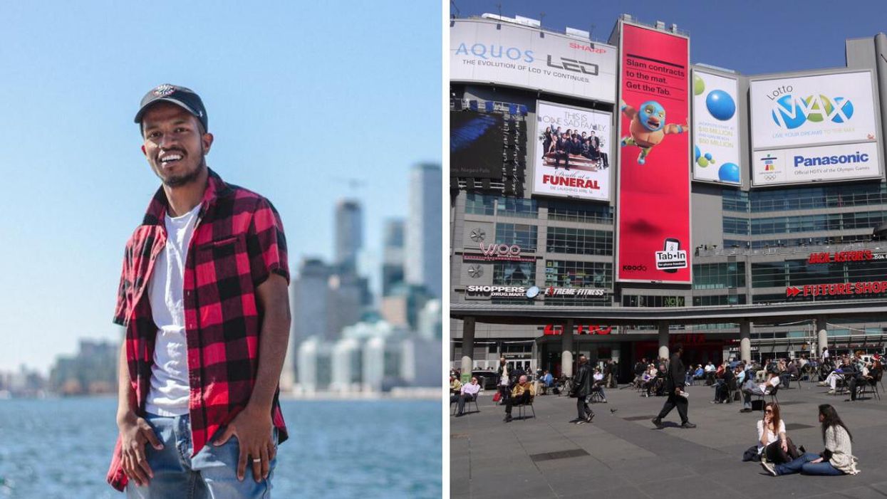 A person dressed in Canadian swag. Right: Yonge-Dundas Square