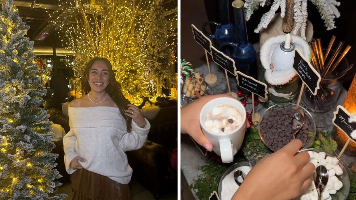 A person dressed up and at a Christmas pop-up in Toronto. Right: A hot chocolate bar with dark chocolate chips, whipped cream and marshmallows.