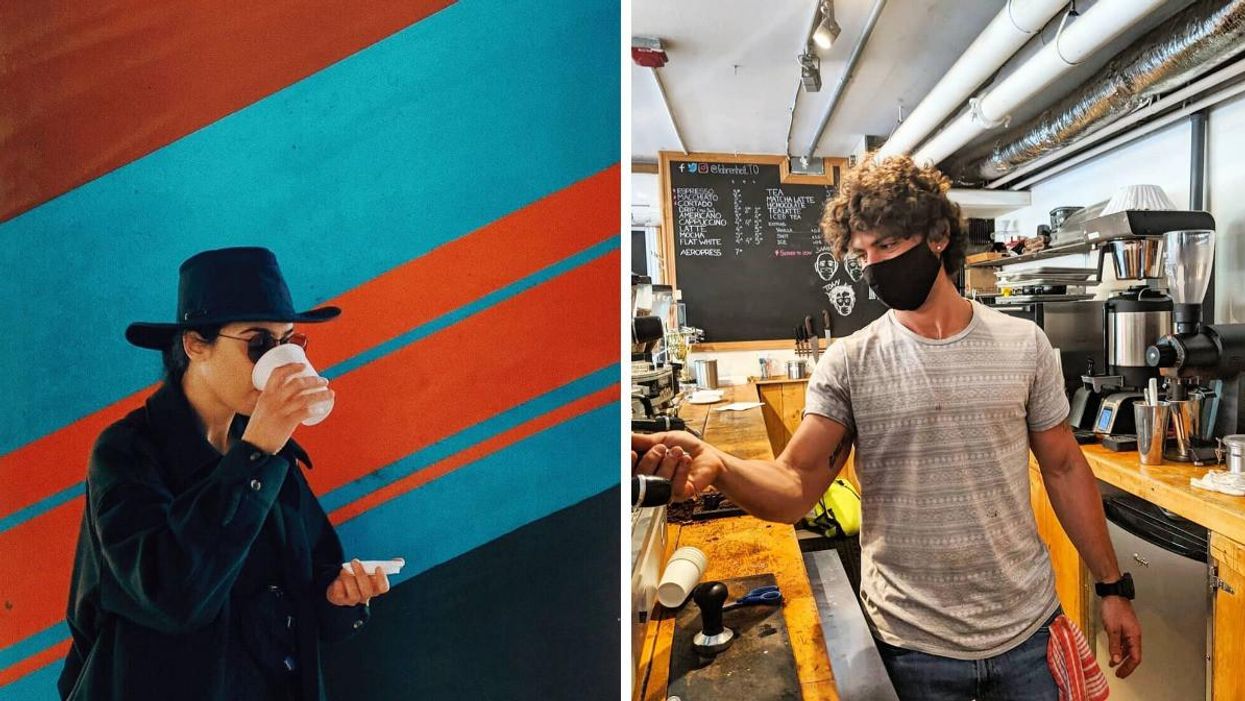 A person drinking a beverage from Tandem Coffee in Toronto. Right: A barista working at Fahrenheit Coffee in Toronto.