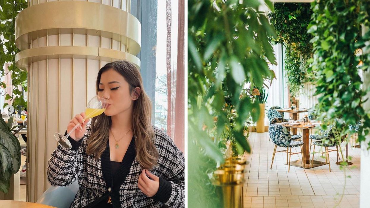 A person drinking a mimosa. Right: Botanist Restaurant in Vancouver, B.C.