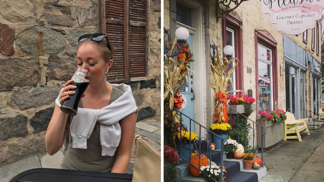 A person drinking beer. Right: A main street with fall decor.