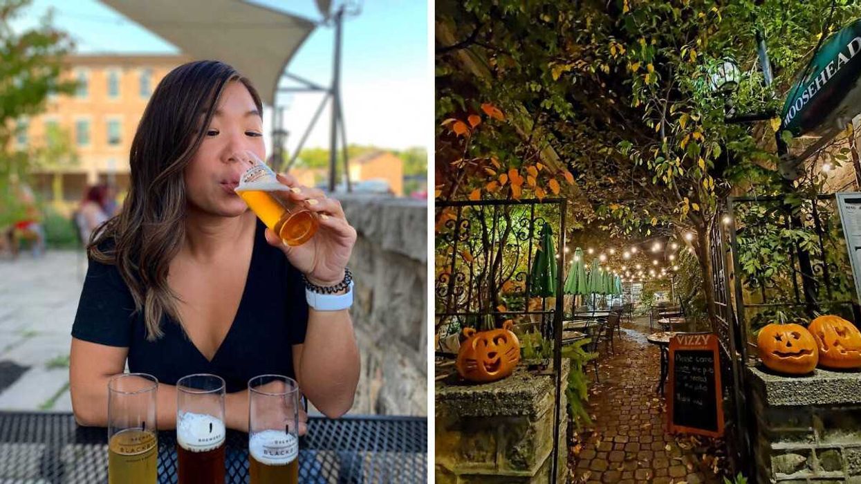 A person drinking on a patio. Right: A patio with pumpkins.
