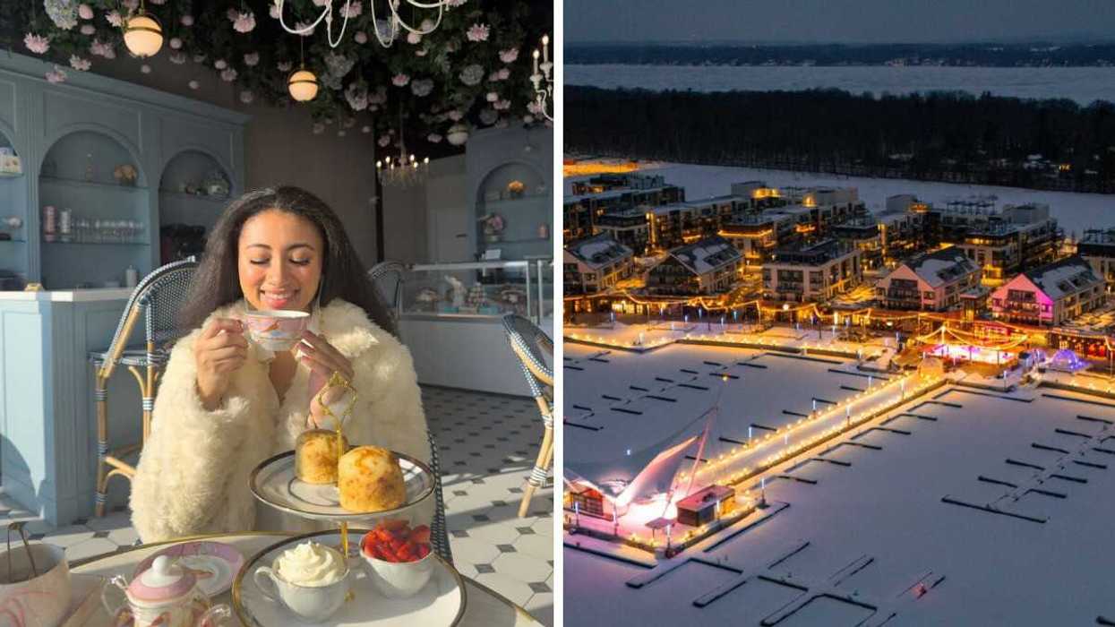 A person drinking tea at a cafe. Right: A harbour town in the winter.
