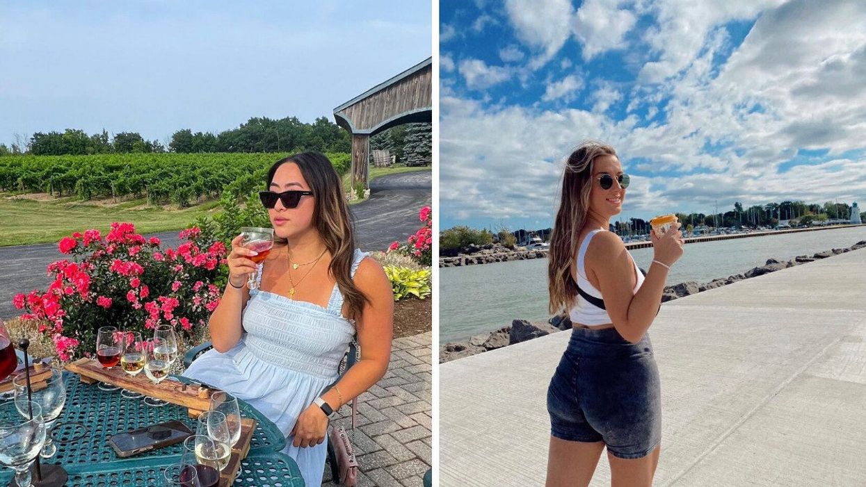 A person drinking wine. Right: A person standing on a pier.