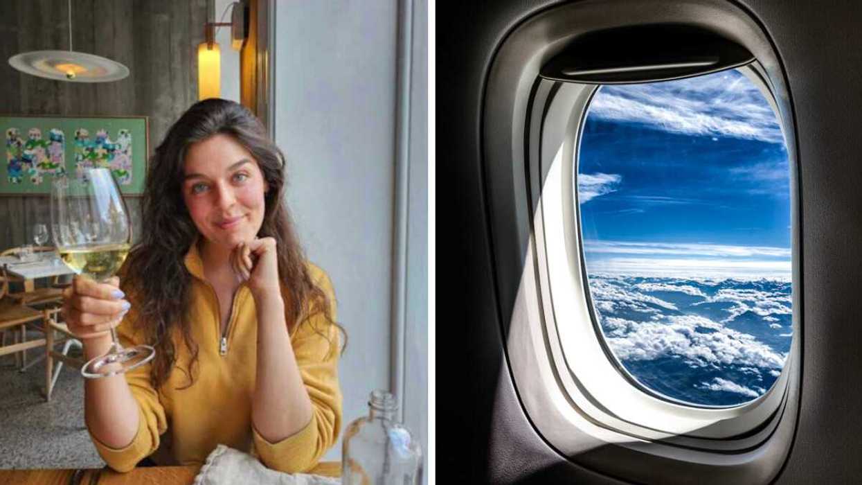 A person drinking wine. Right: A plane window.