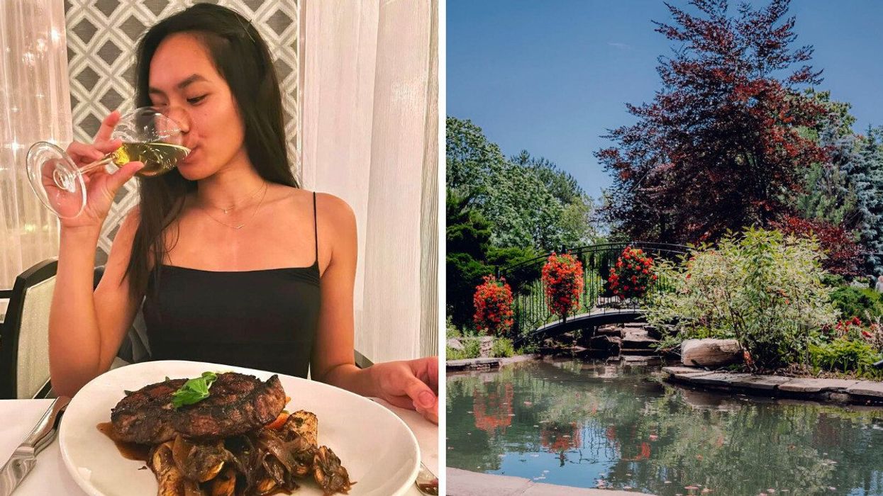 A person drinking wine. Right: A pond with a bridge.