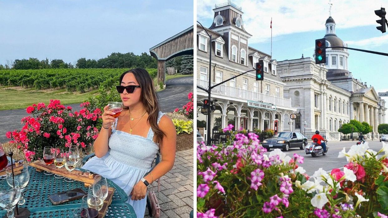 A person drinking wine. Right: A street with flowers and historic buildings.