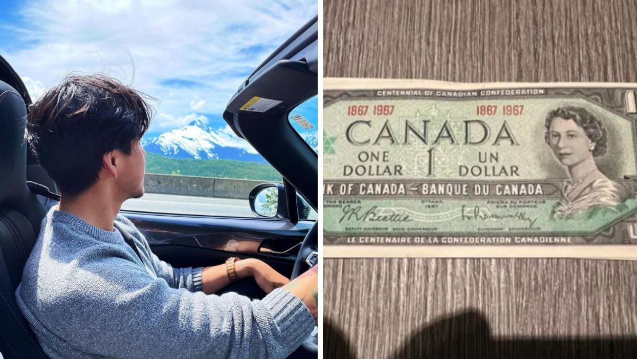 A person drives a car along the Sea-to-Sky Highway. Right: A Canadian $1 bill from 1967.