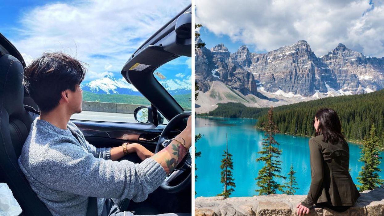 A person drives a car along the Sea-to-Sky Highway. Right: A person stands in front of Moraine Lake in Alberta.