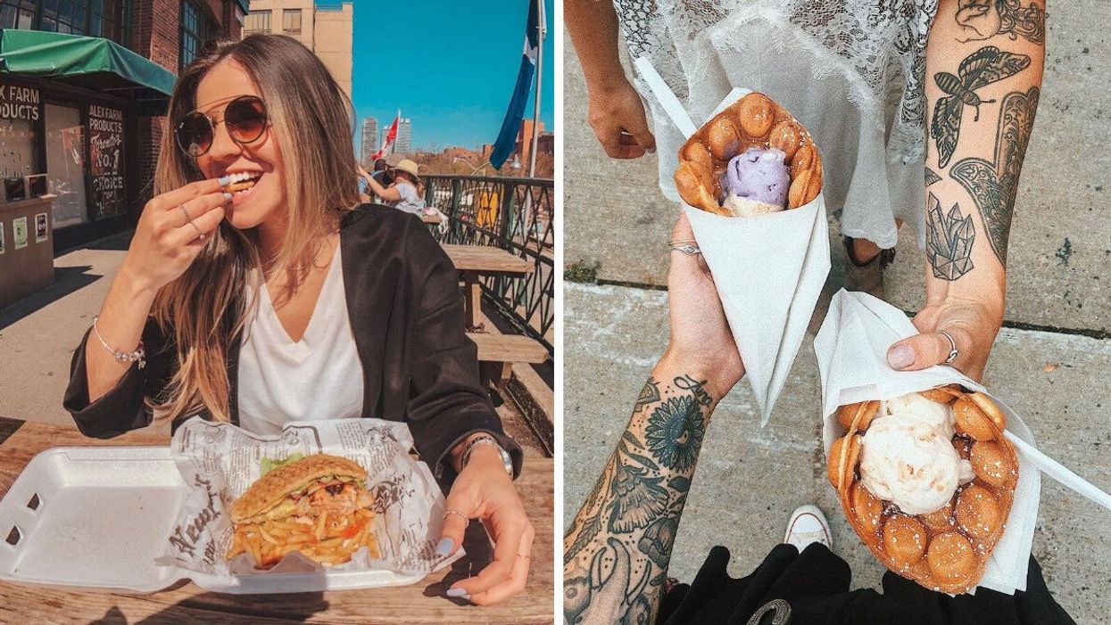 A person eating a french fry on a patio with a sandwich in front of her. Right: Two arms with tattoos holding two waffle cones with ice cream in it.