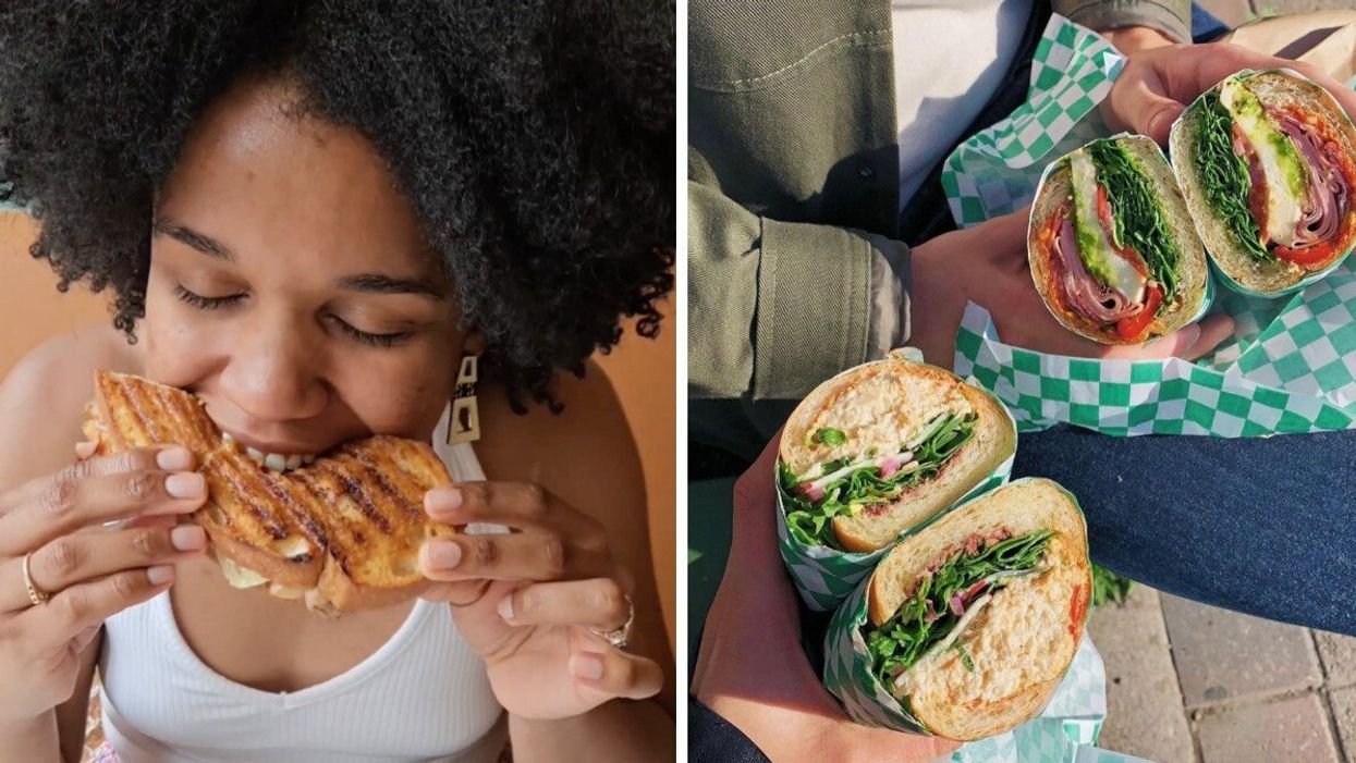 A person eating a sandwich in Toronto. Right: Sandwiches from Lambo's Deli in Toronto.