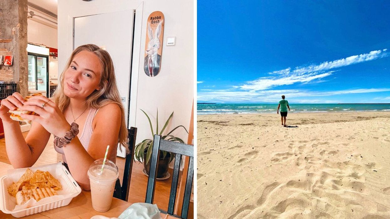 A person eating at a restaurant. Right: A person walking on a beach.