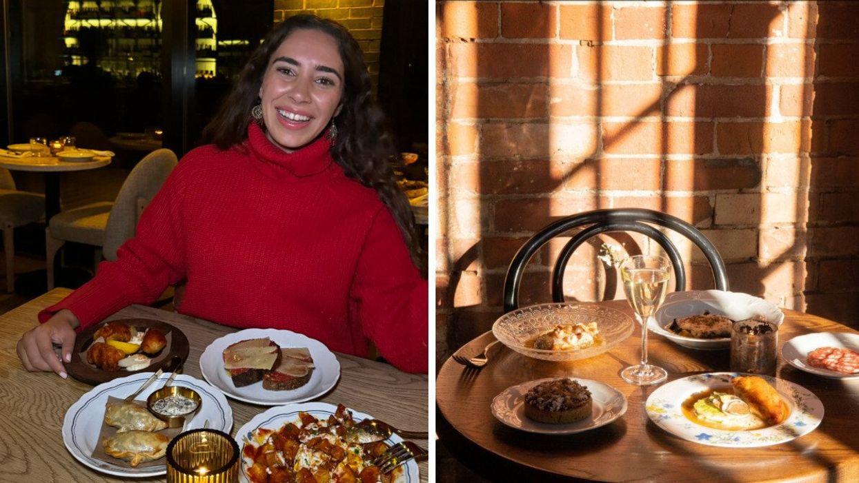 A person eating at a Spanish restaurant in Toronto. Right: A table with sunlight and french dishes.