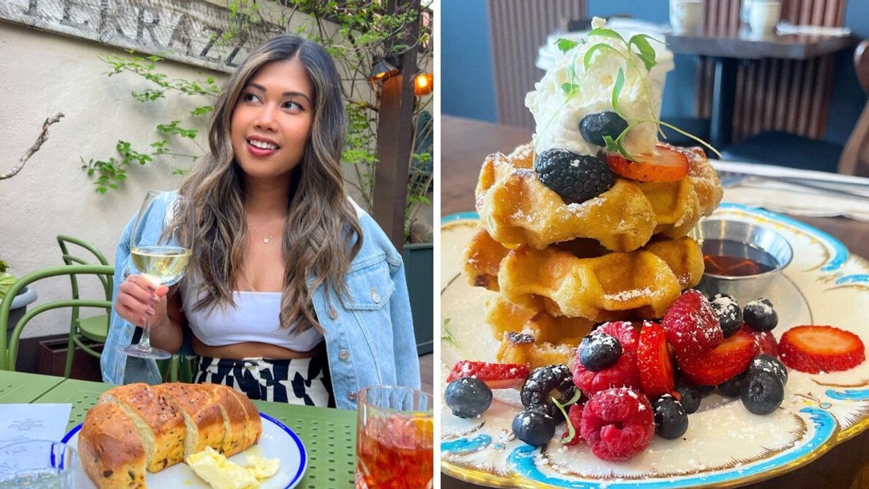 A Person eating at Bonterra Trattoria in Calgary. Right: Plate of waffles at The Sweatered Hen
