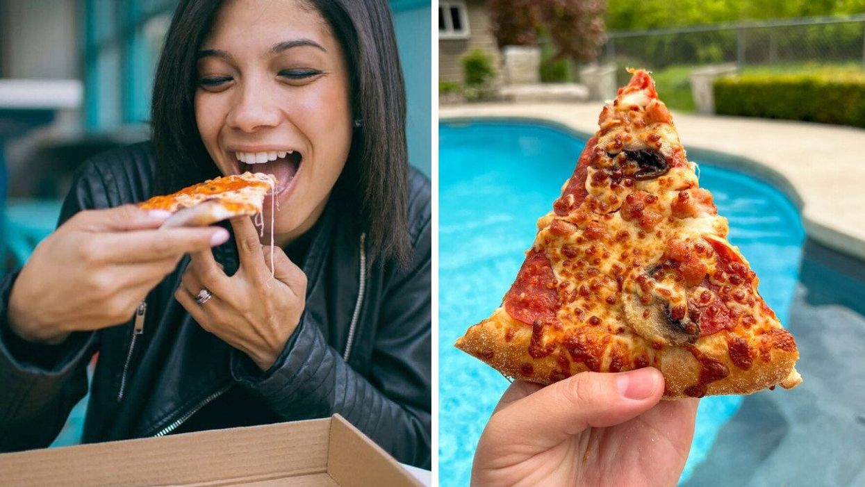 A person eating at Boston Pizza. Right: A Domino's pizza slice.