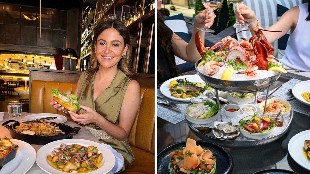 A person eating at Pink Sky in Toronto. Right: Seafood tower from The Chase.