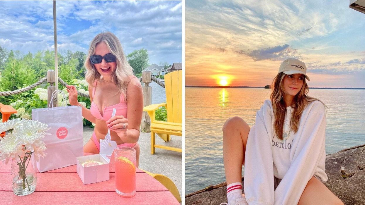 A person eating cake at a pink table. Right: A person sitting by a lake at sunset.