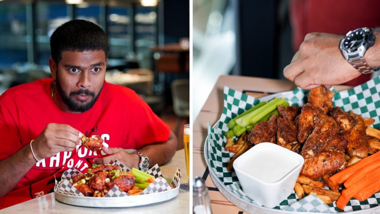 A person eating chicken wings with his hands and wearing a Toronto Raptors shirt. Right: A plate of chicken wings with carrots, celery and sauce.