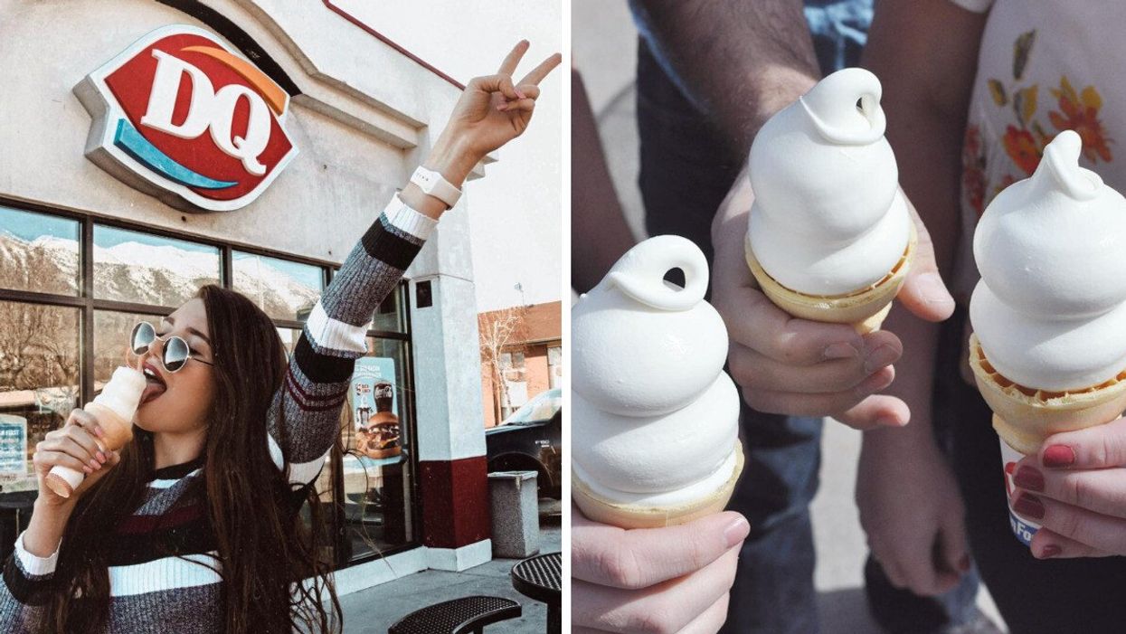 A person eating Dairy Queen ice cream. Right: People holding soft serve ice cream.
