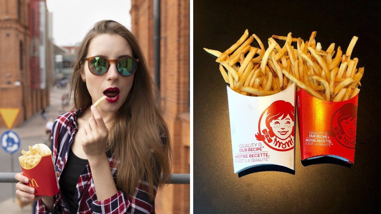 A person eating fries. Right: Two containers of Wendy's fries.
