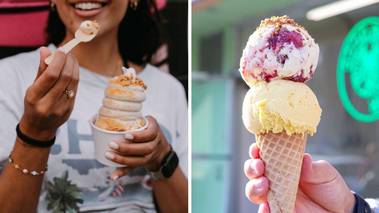 A person eating ice cream. Right: A cone with two scoops of ice cream.