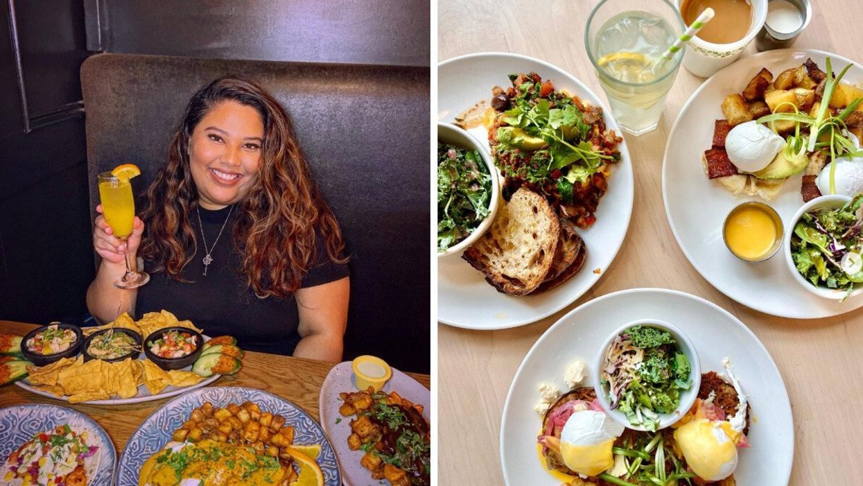 A person eating Mexican food. Right: Brunch in a Toronto restaurant.