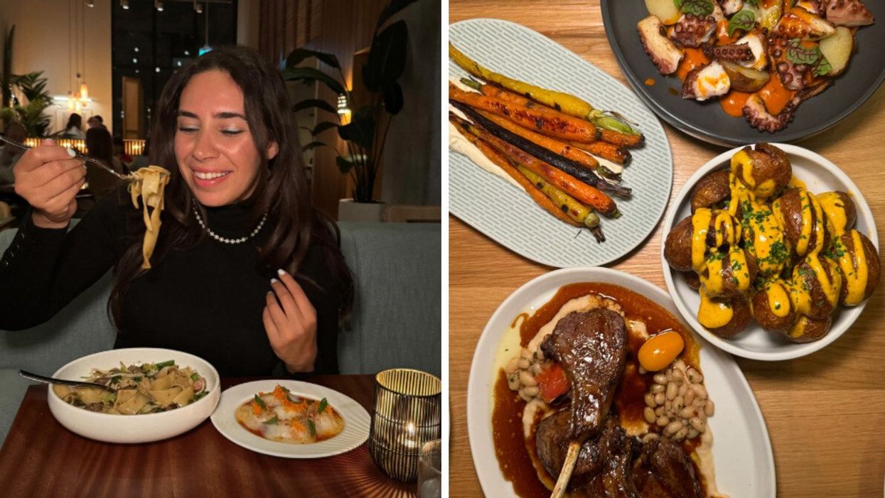 A person eating noodles at a restaurant. Right: A table spread with duck, potatoes, carrots and octopus.