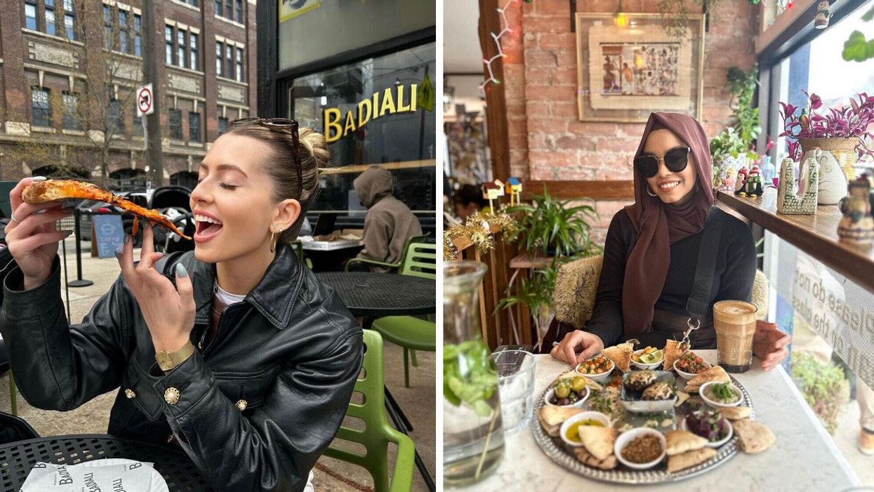 A person eating pizza at Badiali's. Right: A person having brunch at Maha's.