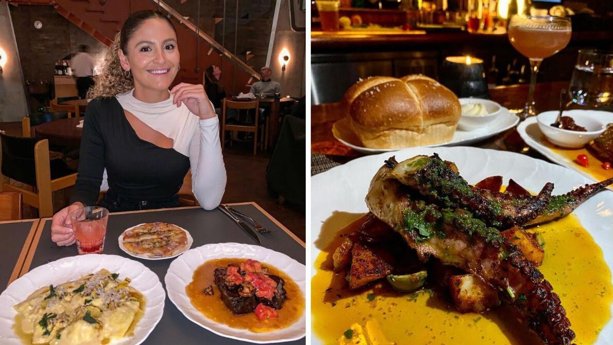 A person enjoying a meal at Alder in the Ace Hotel. Right: A plate of grilled octopus.