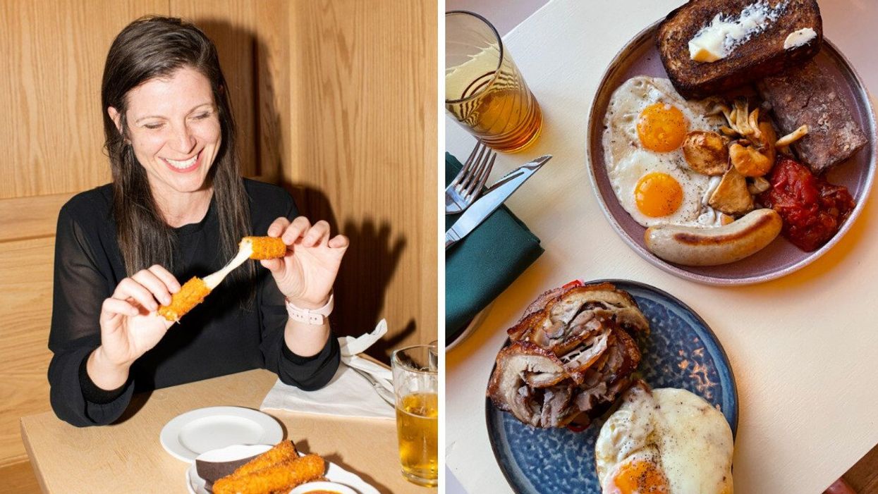 A person enjoying mozzarella sticks. Right: Brunch from a Toronto restaurant.