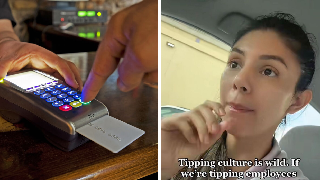 A person entering their card in a machine. Right: The TikToker explaining her stance on tipping.