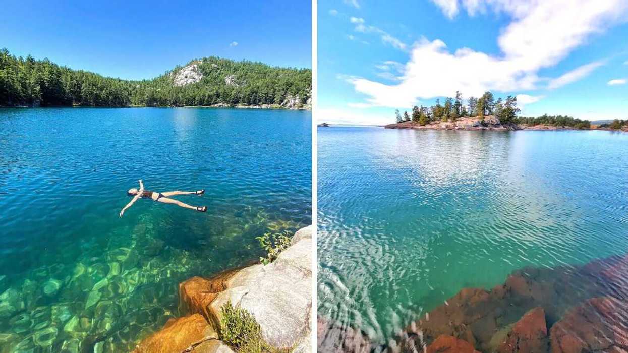 A person floating in a clear lake. Right: A clear lake with islands.