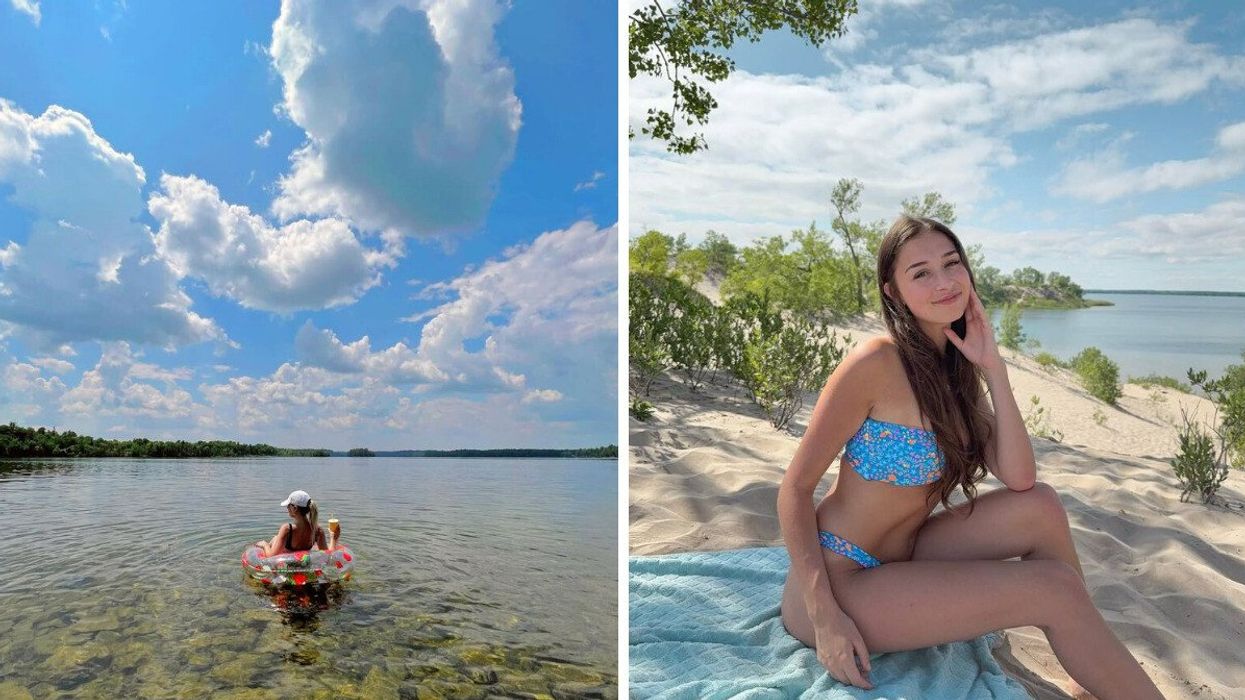 A person floating in a lake. Right: A person sitting on a sandy beach.