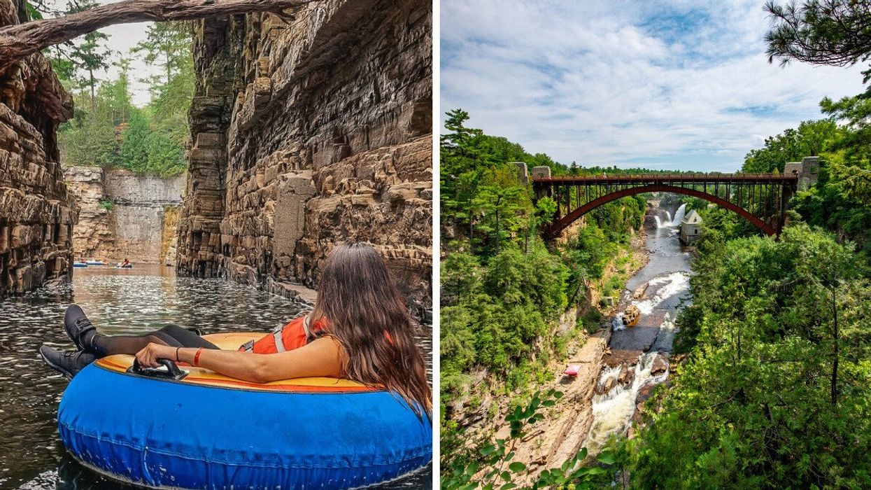 A person floating in a tube. Right: A bridge over a canyon.