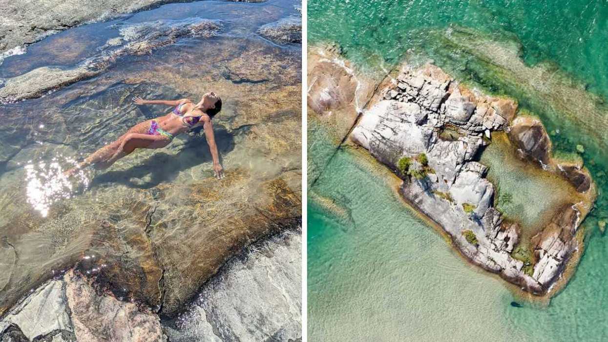 A person floating in clear water. Right: An aerial view of a rock in the water.
