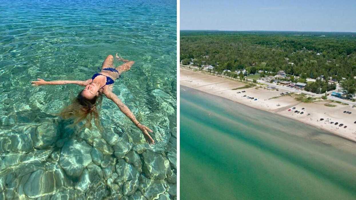 A person floating in clear water. Right: An aerial view of a sandy beach.