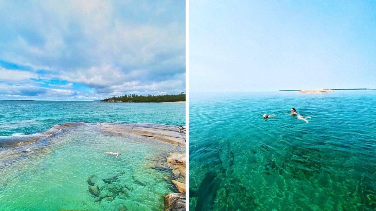 A person floating in the water. Right: A person and dog swimming.