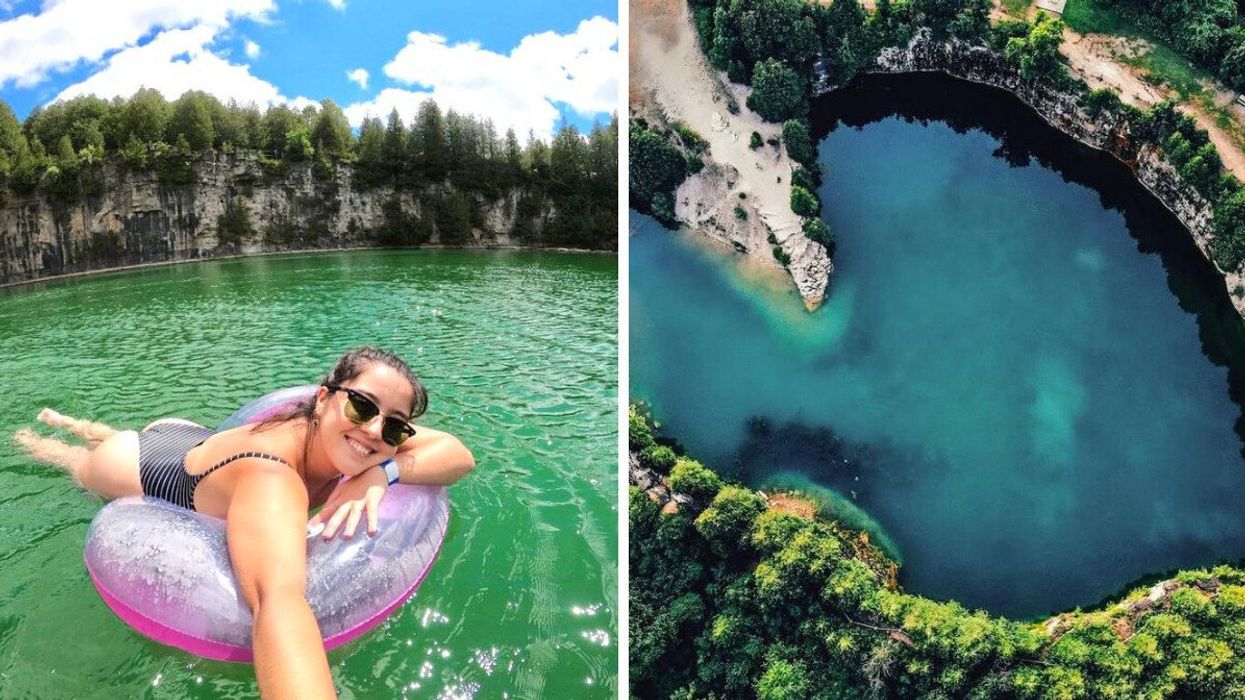 A person floating in turquoise water. Right: A heart-shaped swimming hole.