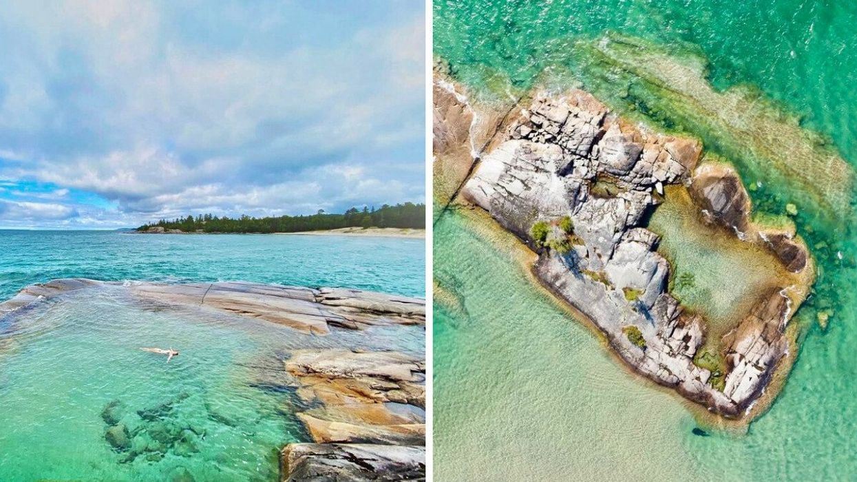 A person floating in turquoise water. Right: An aerial view of an island.