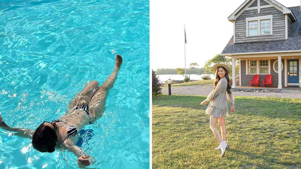 A person floating in water. Right: A person walking by a cottage.