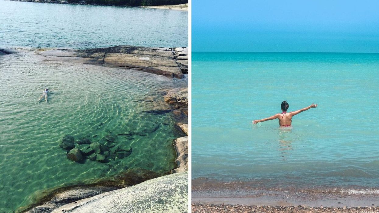 A person floats at Bathtub Island in Ontario. Right: A person swims at a beach in Ontario.