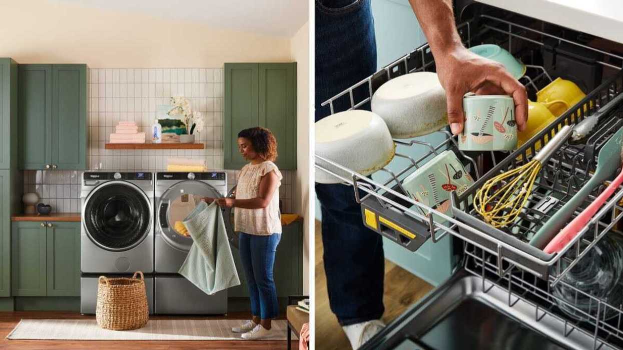 A person folding laundry. Right: A hand placing a cup in a loaded dishwasher.