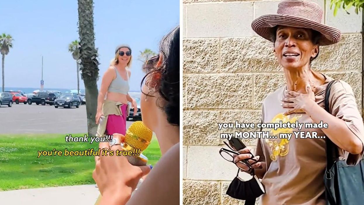 A person from La La Land Kind Cafe complimenting a woman. Right: A woman after receiving a drive-by compliment from La La Land Kind Cafe.