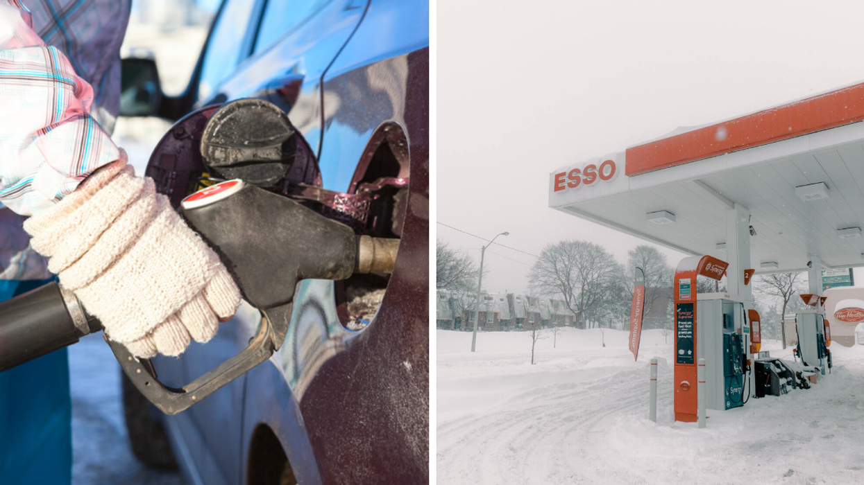 A person fuels up their car wearing mittens. Right: An Esso petrol pump.
