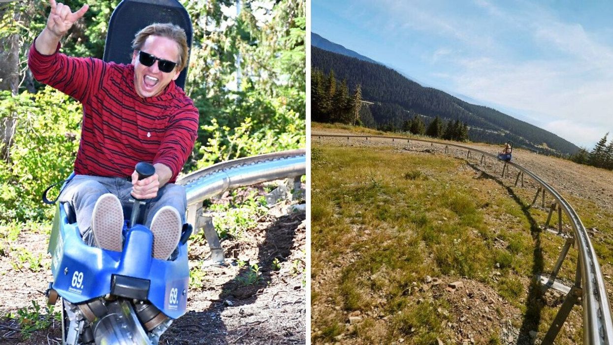 A person going down a mountain on a ride with his arm up in the arm and has a happy expression on his face. Right: A ride going down a mountain.