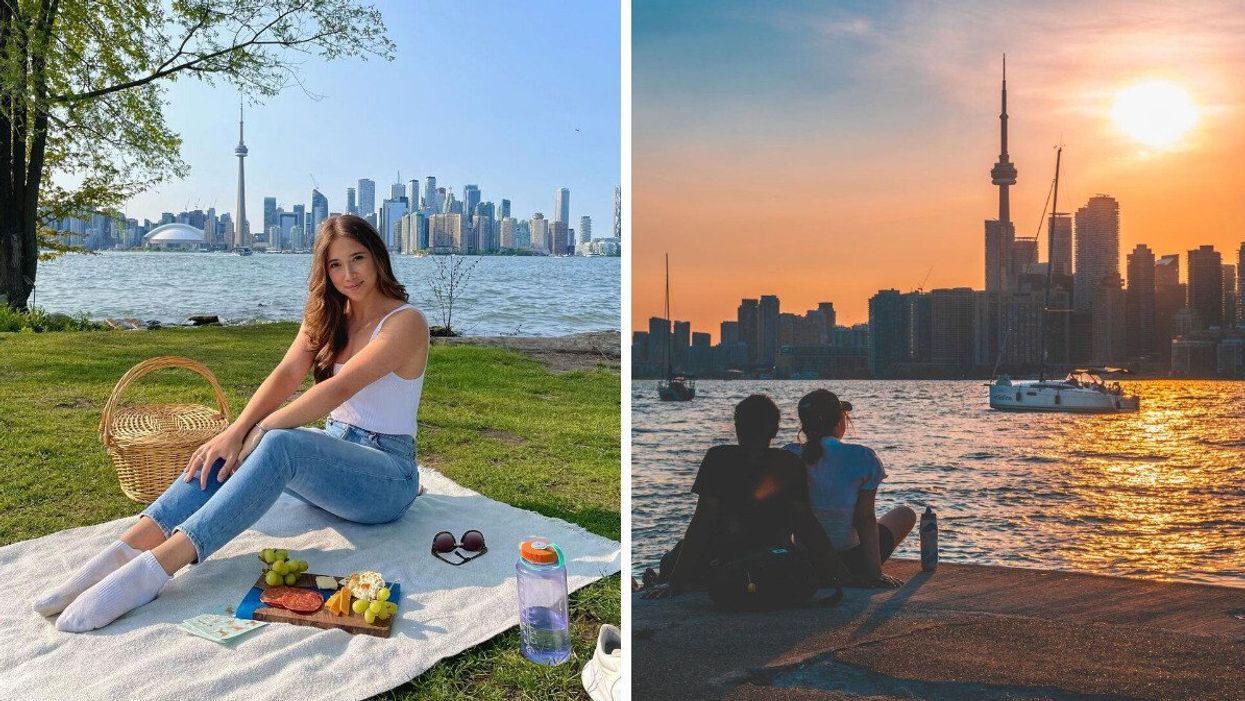 A person has a picnic on the Toronto Islands. Right: People watch the sunset on the islands.