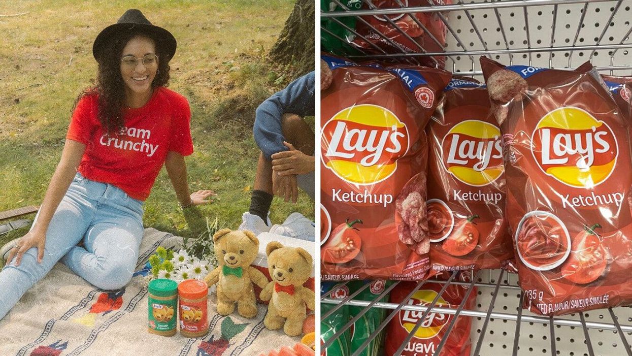 A person having a picnic with Kraft Peanut Butter. Right: Ketchup chips in the store.
