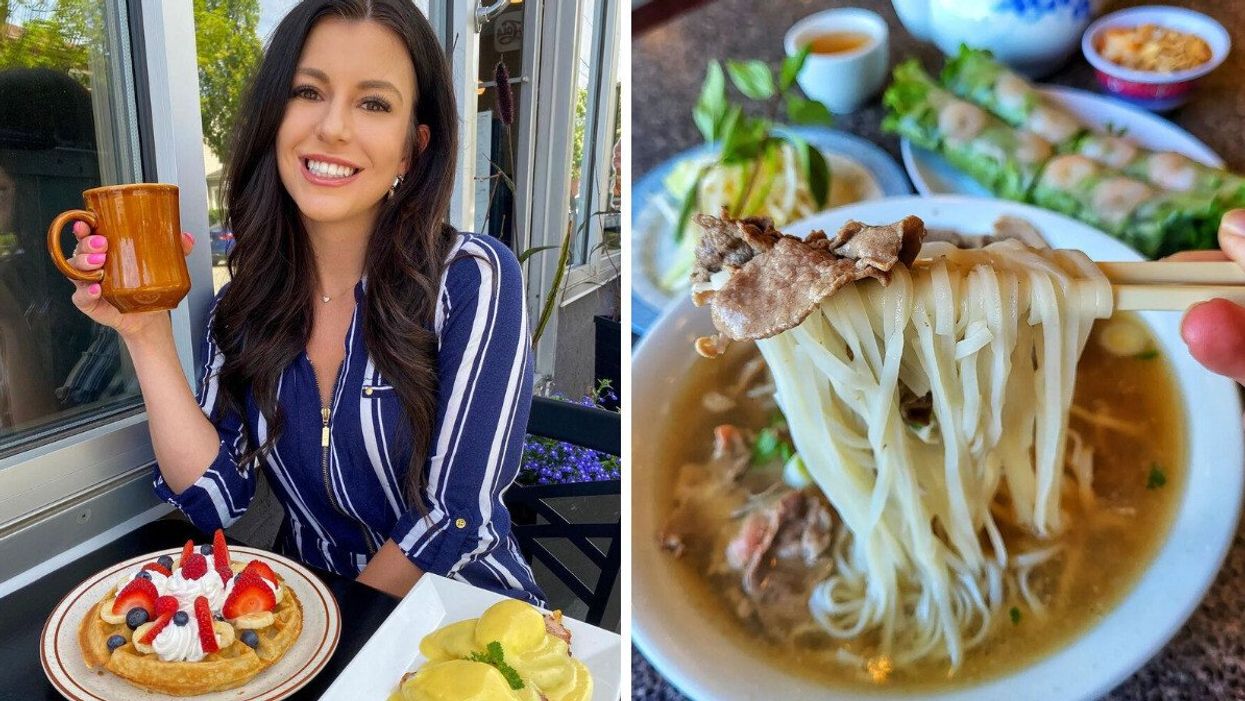 A person having breakfast. Right: Pho from a Vietnamese restaurant.
